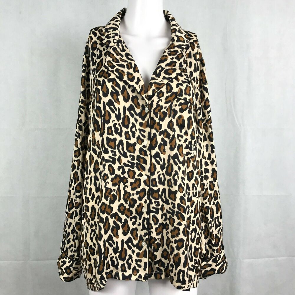 Banana Republic Shirt Womens Sz XL Ivory Brown Loose Leopard Print Button Up Top